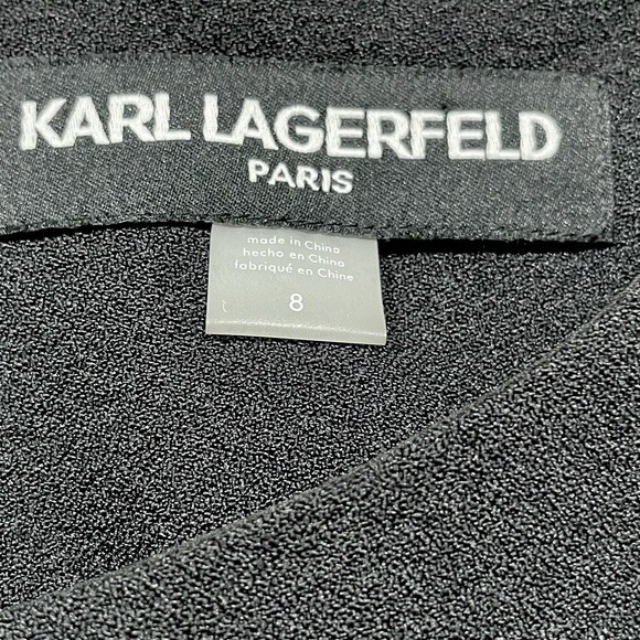 Karl Lagerfeld Black Midi Fitted Dress 3/4 Sleeve Flounce Boat Neck Size 8 - Picture 3 of 7